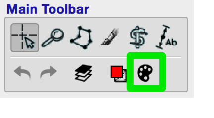 itksnap main toolbar: label editor icon looks like paint palette (green rectangle)