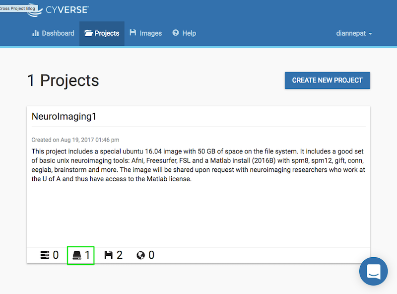 The Cyverse Projects page showing the number of available volumes as an icon on the bottom of the interface