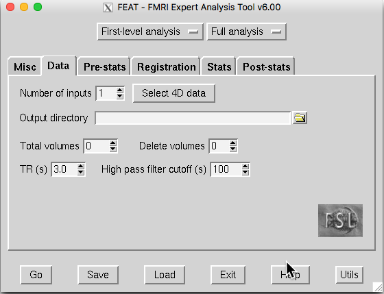 The data tab of FSL's FEAT gui
