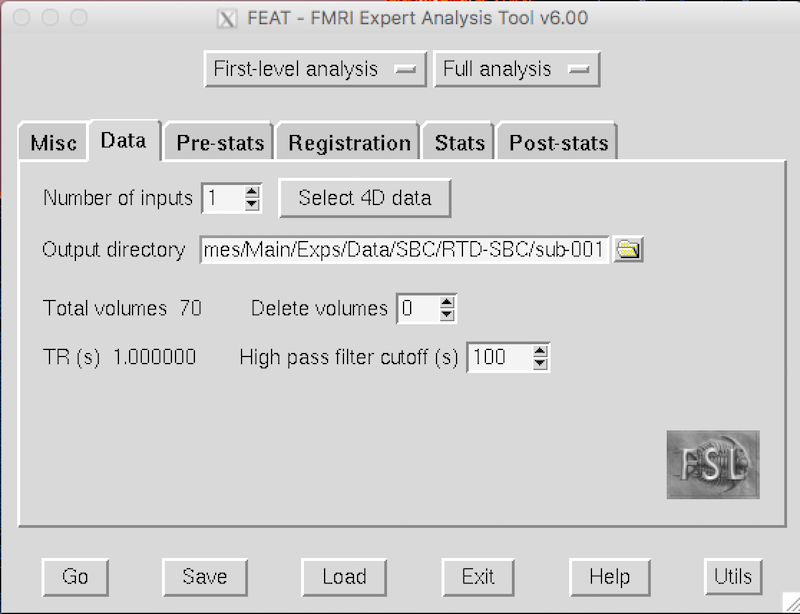 the completed first level analysis choices for the data tab in the FSL FEAT gui