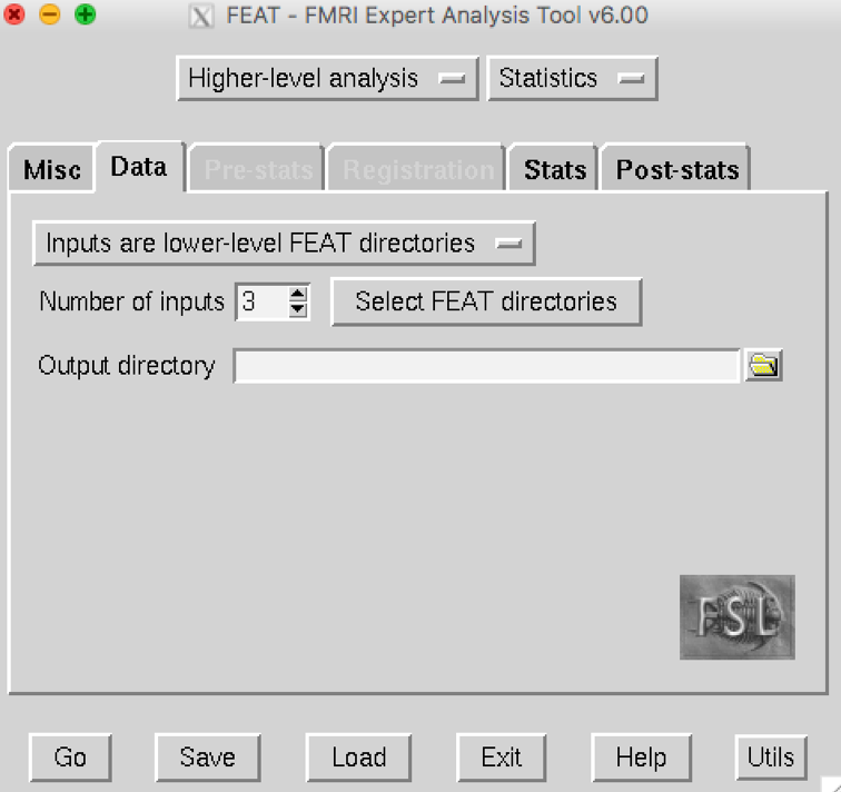the Data tab for the Higher Level Analysis interface in the FSL FEAT gui. The number of inputs is set to 3.