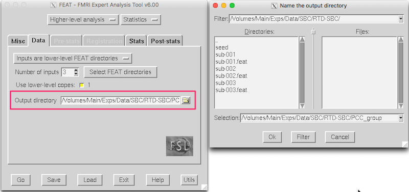 Naming the output directory on the Higher Level Analysis Data tab in the FSL FEAT gui