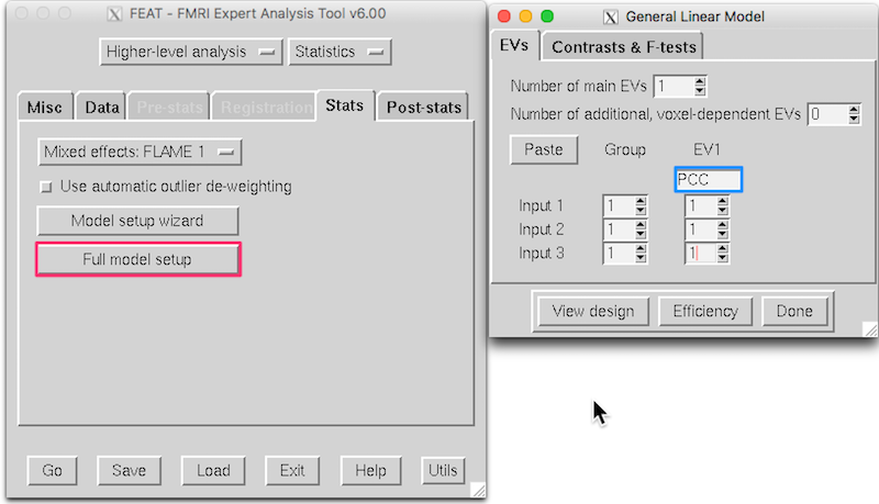 Selecting Full model setup on the Higher Level Analysis Stats tab in the FSL FEAT gui (left). Setting up the EV tab under General Linear Model (from the Full Model setup we opened)