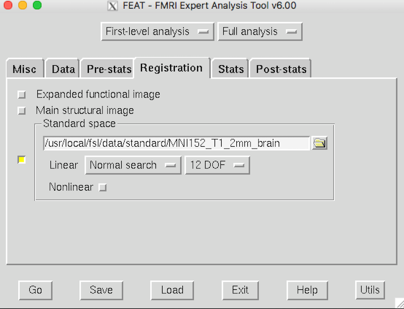 the completed first level analysis Registration tab in the FSL FEAT gui