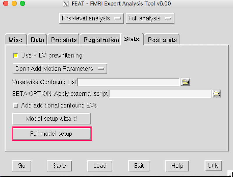 the Stats tab in the FSL FEAT gui: Full Model Setup is selected