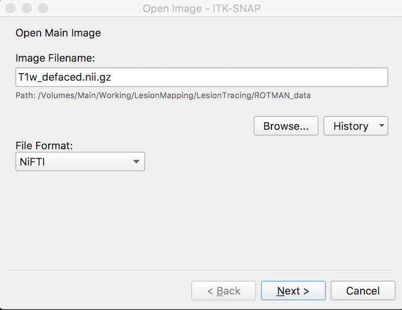 itksnap interface: open main image, note file format is NIFTI (but there are other options)