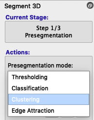 Itksnap display: Step 1 of 3 Presegmentation tool panel displayed on right with Clustering options.