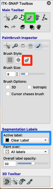 itksnap paintbrush icon in main toolbar. The paintbrush panel displayed below with controls for the size and shape of the brush. The Segmentation Labels panel is displayed at the bottom.  The clear label is selected (blue rectangle). The clear label is an eraser.