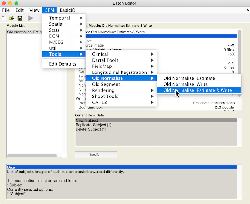SPM12 Batch editor: From menu, select SPM->Tools->Old Normalise->Old Normalise: Estimate & Write