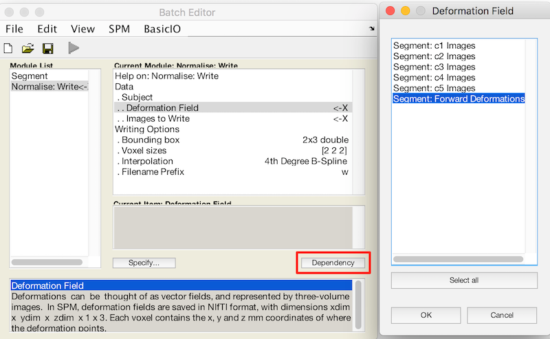 SPM12 Batch editor: From menu, select SPM->Spatial->Normalise->Normalise: Write. Choose dependency button (red rectangle, lower right) to choose output from the previous step, even though that has not yet been run